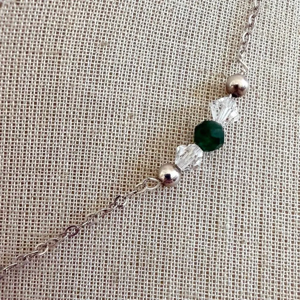 Vintage Sterling Silver Green Stone & Crystal Necklace Emerald Tone Beaded Neck
